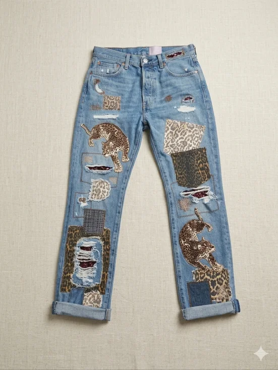 LEVI Button Fly 501 32x34 Upcycled Patchwork Jeans By ThreadsReclaimed - Picture 3 of 16